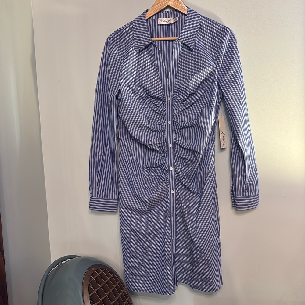 Eliza J Ruched Long Sleeve Blue Striped Shirtdress Size 10 NWT
